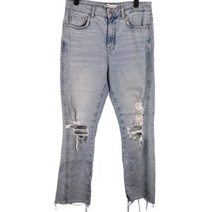 ZARA Jeans Womens Size 6 High Waist Distressed Light Wash Denim Raw Hem Straight